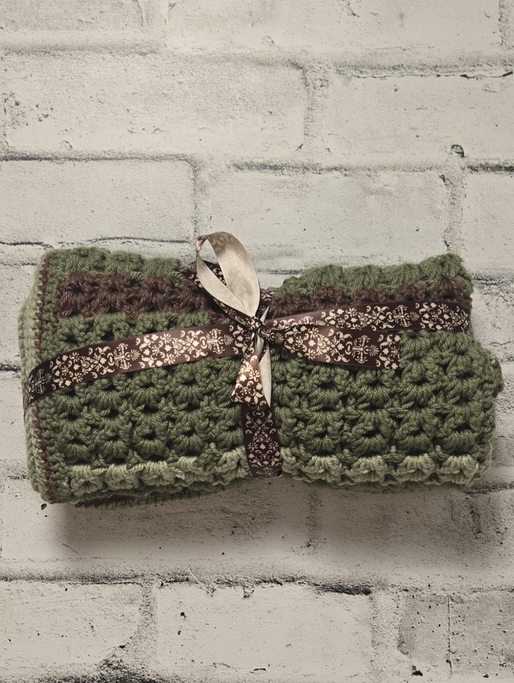 Vintage Crochet Lap Blanket 26x35 Green Brown Afghan